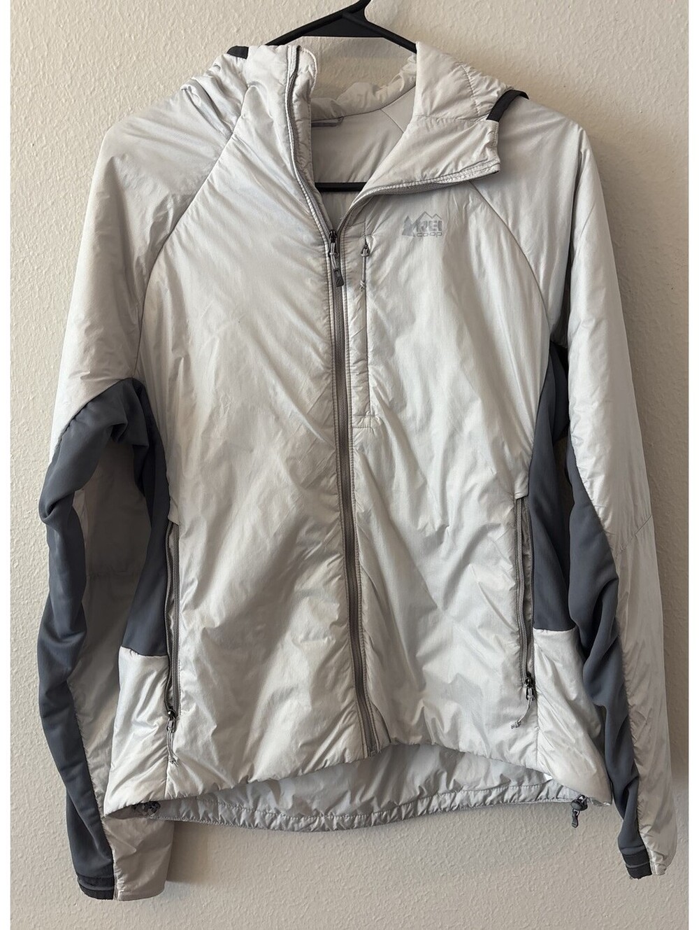 Women’s REI Flash Co-op Insulated jacket Full Zip Light Grey Hooded Size Medium